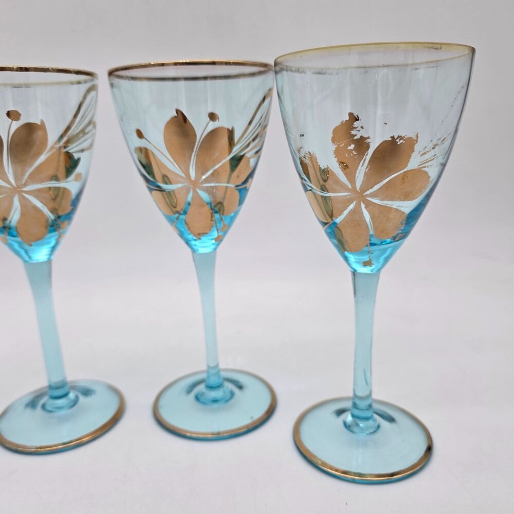 Vintage Romanian Blue Stemmed Wine Glasses With Gold Floral Design Set Of 4 - Picture 5 of 7